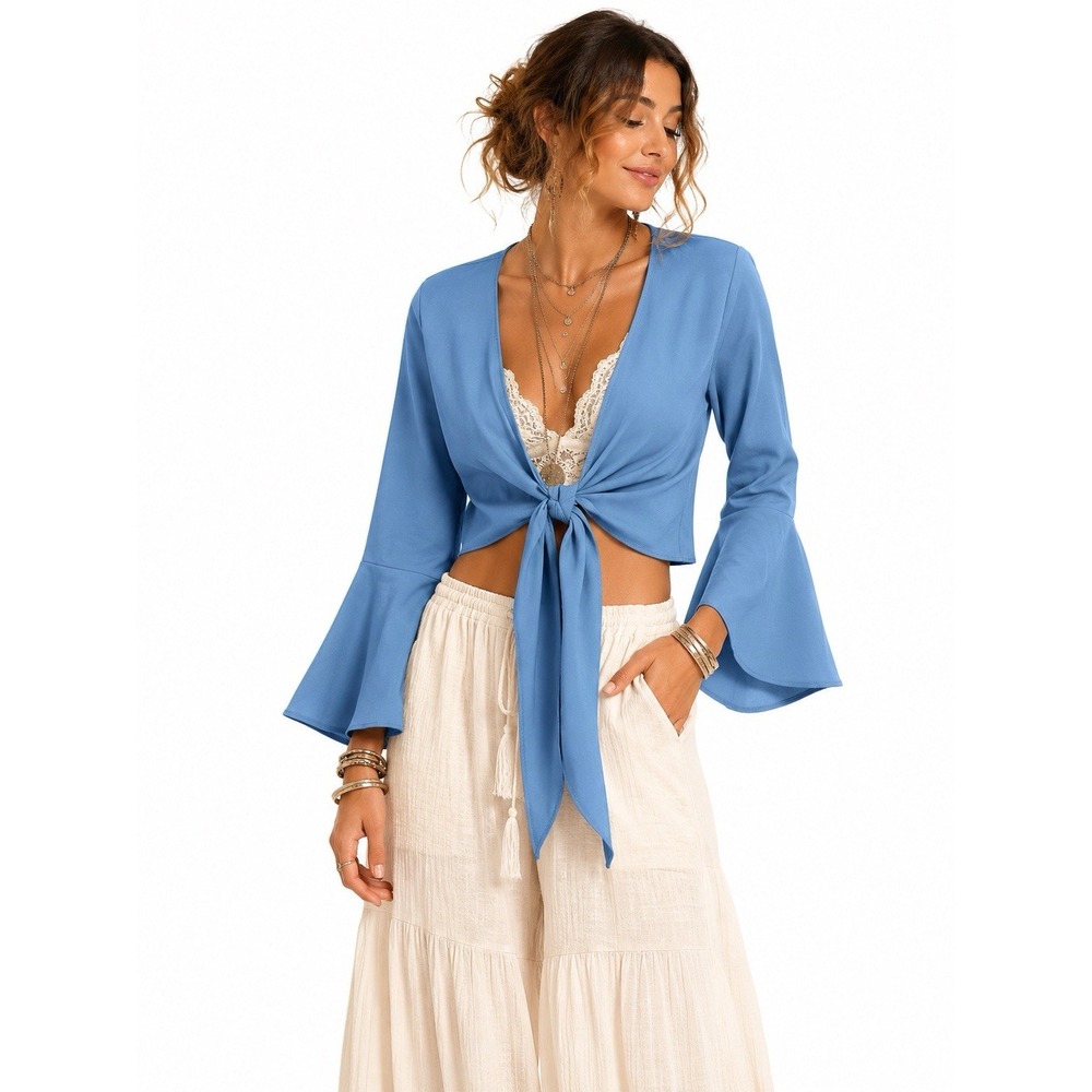 Crop Top Tie Front Bell Sleeve Shrug S Blue Whimsigoth Festival Coquette Fairy